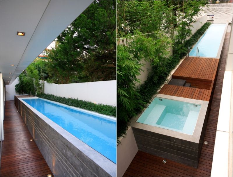 piscine-exterieur-rectangulaire-bain à remous-plage-bois-composite-bambou piscine extérieur
